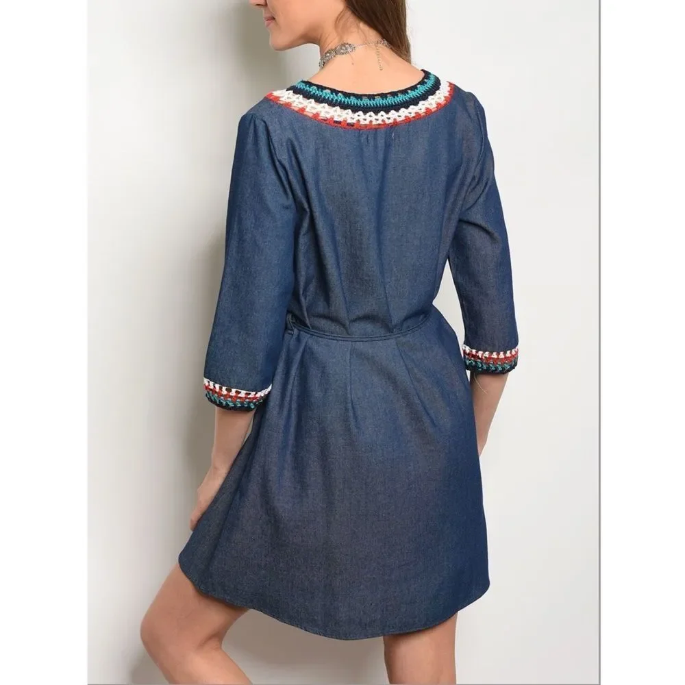 Denim Crocheted Belted Dress - Picture 2 of 6